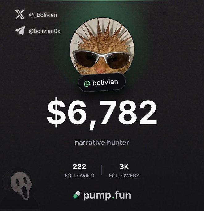 A "$6,782" graphic showcases the user "_bolivian" celebrating 3K followers on pump.fun, matching the milestone mentioned in the post. The design features a stylish cat avatar wearing sunglasses alongside their social handles @_bolivian and @bolivian0x.