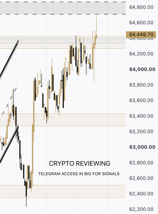 A candlestick chart displays Bitcoin's ($BTC) recent price action reclaiming $64,448.70 and reaching just shy of the $64,800.00 target zone, with overlaid text reading "CRYPTO REVIEWING" and "TELEGRAM ACCESS IN BIO FOR SIGNALS." The chart visually illustrates the bullish scenario described in the caption, showing the price push toward the upper target band.