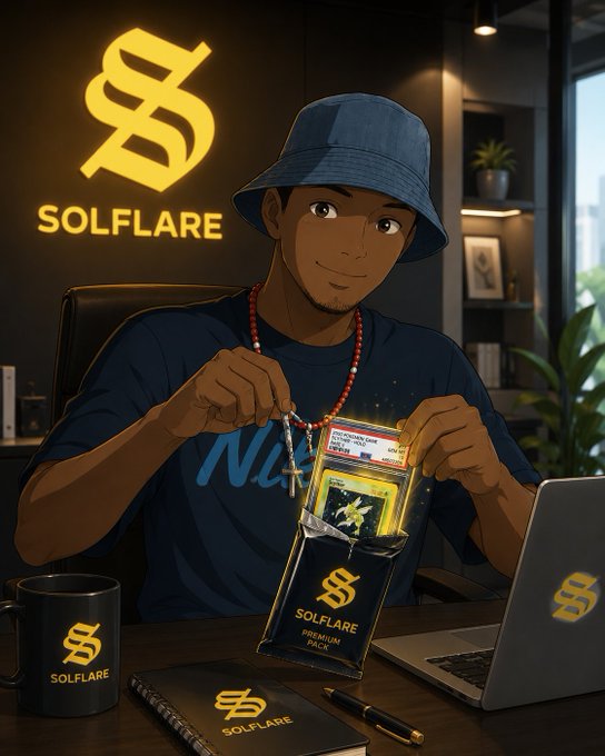 An anime-style illustration of a man in a blue bucket hat holding a 'Solflare Premium Pack' package, with a Solflare mug, notebook, and laptop on the desk in front of him.