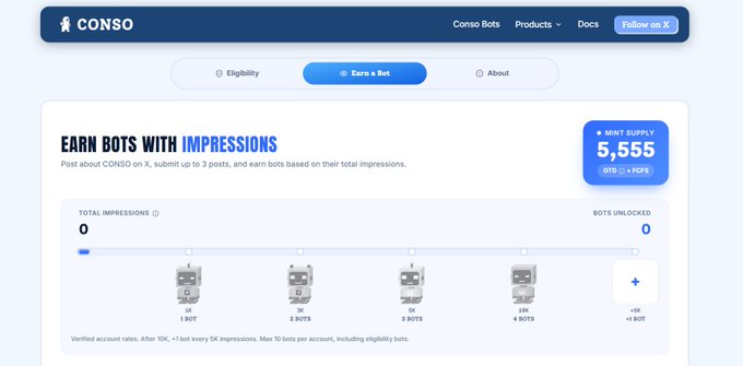 Screenshot of the CONSO platform interface showing an 'Earn a Bot' dashboard with a 'Mint Supply' of 5,555 on GTC, and an impressions tracker starting at 0.