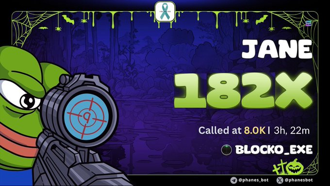 A Halloween-themed graphic featuring Pepe the Frog with a sniper scope, advertising 'JANE 182x Called at 8.0K' by 'BLOCKO_EXE', with handles '@phanes.bot' and '@phanesbot'.