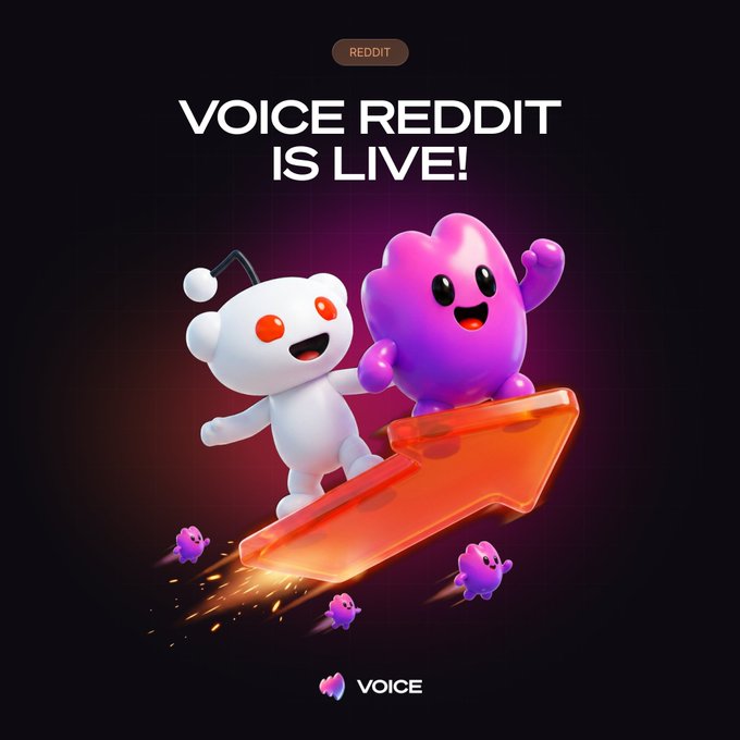 A promotional graphic reads 'REDDIT - VOICE REDDIT IS LIVE!' featuring a white Reddit alien mascot and a pink blob character riding a glowing orange arrow, with the 'VOICE' logo at the bottom.