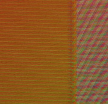 An abstract composition showing a textured orange and yellow striped pattern on the left and a multicolored plaid pattern on the right.