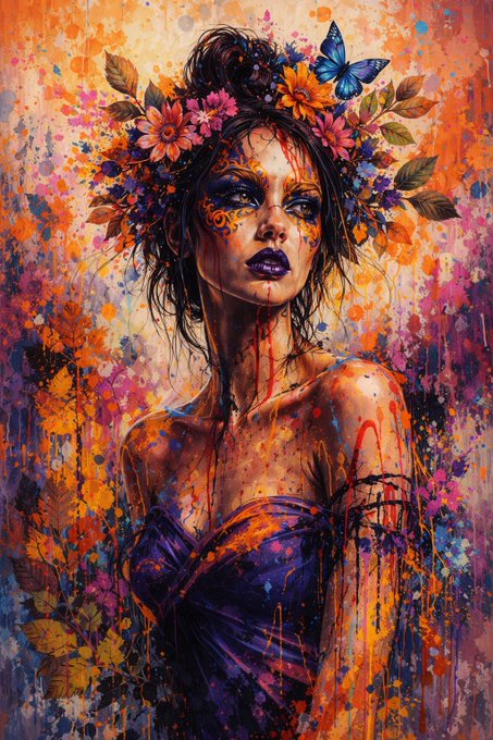 A vibrant mixed-media style portrait of a woman with dark hair adorned with flowers and a blue butterfly, featuring colorful paint splatters, intricate face decorations, and dripping artistic effects in orange, purple, and pink hues.