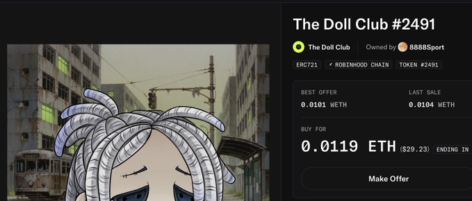An NFT listing for 'The Doll Club #2491' from the ERC721 'ROBINHOOD CHAIN' collection, owned by 8888Sport, with a current best offer of 0.0101 WETH and a buy-for price of 0.0119 ETH ($29.23).