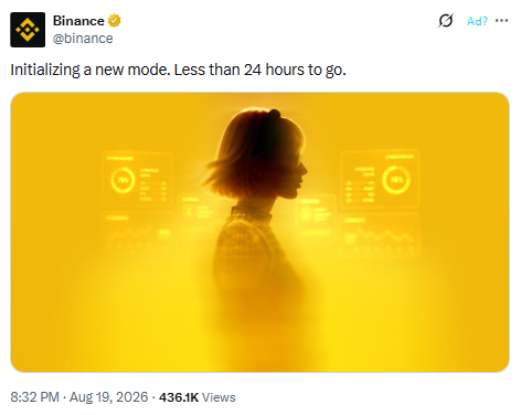 A Binance social media post dated August 19, 2026 features a yellow-tinted silhouette image with the caption "Initializing a new mode. Less than 24 hours to go," teasing an upcoming announcement as part of the company's hype-building campaign described in the accompanying Vietnamese commentary.
