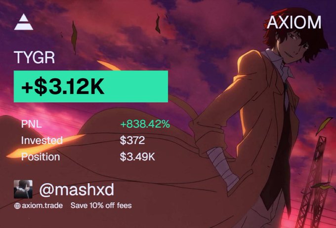 An Axiom.trade promotional graphic featuring an anime character in a yellow coat against a red sky, displaying crypto trading results: 'TYGR +$3.12K', PNL +838.42%, Invested $372, Position $3.49K, credited to @mashxd.