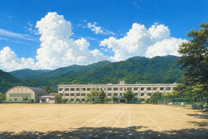 An empty school sports field and athletic field with running tracks in the foreground, a school building in the middle ground, and forested mountains under a partly cloudy blue sky in the background.
