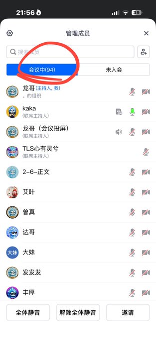 A mobile screenshot of a meeting participant list (管理員) showing 94 attendees in a meeting (会议中), with names like 龙哥, kaka, and TLS公有灵号 visible, and a red circle highlighting the meeting count.