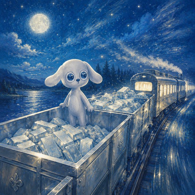 A whimsical illustration of a small white puppy with big blue eyes sitting in a train car filled with silver bars, traveling along tracks under a starry night sky with a full moon.