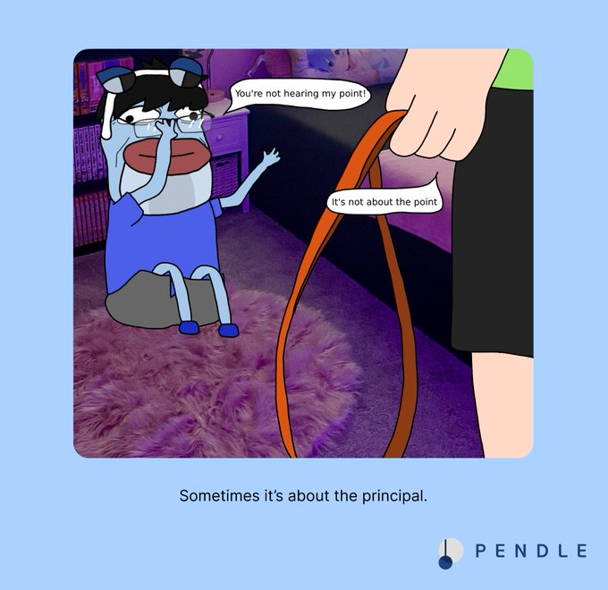 A cartoon character with tears streaming down their face exclaims "You're not hearing my point!" while another person holds a strap and replies "It's not about the point," followed by the punchline "Sometimes it's about the principal." The Pendle logo appears at the bottom right.