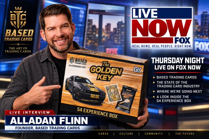 A Fox News 'LIVE NOW' promotional image featuring Alladan Flinn, Founder of Based Trading Cards, holding 'The Golden Key' S4 Experience Box.