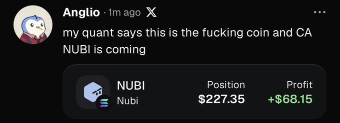 A social media post by user 'Anglio' featuring a trading position in 'NUBI/Nubi' with a position value of $227.35 and profit of +$68.15.
