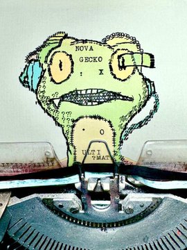 A typewriter with a piece of paper inserted displaying a hand-drawn green monster face with the text "NOVA GEEKO X" and "UNTI 2MAT" written on it.