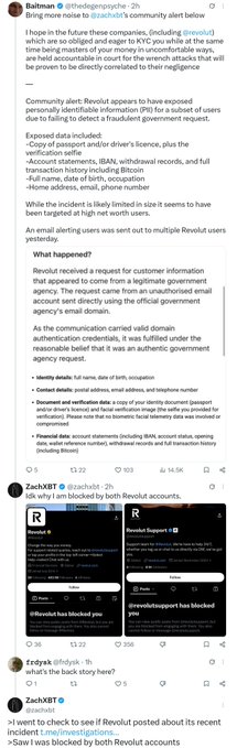 A Twitter/X post by ZachXBT (@zachxbt) discussing an alleged phishing campaign where scammers created a fake government account impersonating the UK Home Office to target Revolut customers, referencing a Revolut Support account.