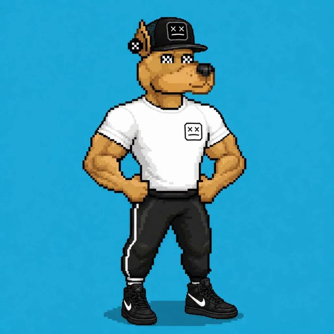 A pixel art illustration of a muscular anthropomorphic dog character wearing a black cap with an 'XX' logo, a white t-shirt with the same logo, black track pants, and black Nike sneakers, posed with hands on hips against a blue background.