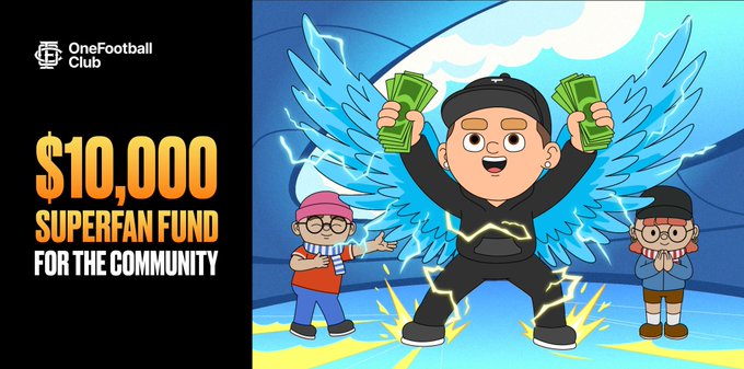A OneFootball Club promotional graphic for a '$10,000 SUPERFAN FUND FOR THE COMMUNITY' featuring cartoon characters holding money with angel wings.