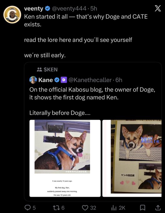 The image shows a tweet from @veenty444 promoting $KEN as the inspiration behind both Doge and CATE cryptocurrencies, referencing Kabosu's blog to claim "Ken" was the first dog before Doge, with the post linking this lore to bullish sentiment for both $KEN and $CATE tokens.