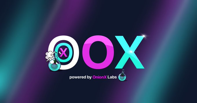 A logo for 'OOX powered by OnionX Labs' displayed in bold white, magenta, and cyan text against a dark teal and purple background, featuring a small potion flask graphic.