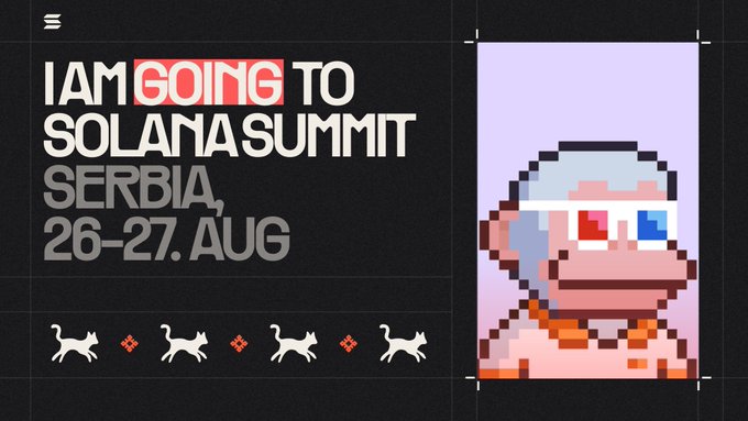 A promotional graphic stating 'I AM GOING TO SOLANA SUMMIT SERBIA, 26-27. AUG' with pixel art monkeys and cat animations on a black background.