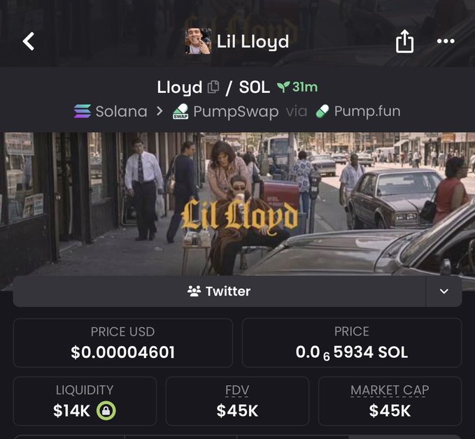 A cryptocurrency token page for "Lil Lloyd" ($Lloyd) on the Solana blockchain via PumpSwap/Pump.fun, showing a market cap of $45K and price of $0.00004601, likely answering the poster's question about the token's current valuation. The page features an image of a person in an old-fashioned suit and bowler hat being shaved on a city street, styled with "Lil Lloyd" text overlay.