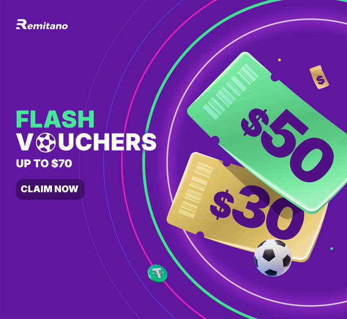 The Remitano advertisement promotes "Flash Vouchers" worth up to $70, featuring a green $50 voucher and a gold $30 voucher alongside a soccer ball, tying into the limited-time offer encouraged by the caption.

Key text: "Remitano," "FLASH VOUCHERS," "UP TO $70," "CLAIM NOW," "$50," "$30."