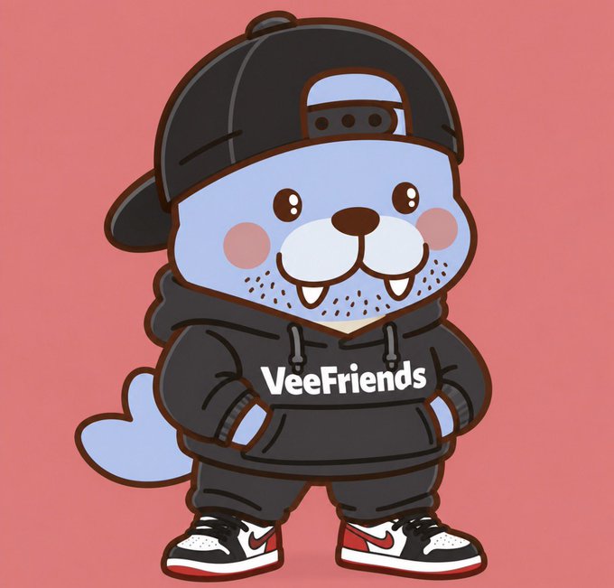 Cartoon illustration of a blue beaver-like character wearing a backwards black cap, black "VeeFriends" hoodie, and red-and-black sneakers, standing against a pink background.