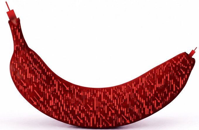 The image features a banana with an abstract design of red lines and arrows, which are scattered across its surface. The banana appears to be tilted at an angle, giving it a unique appearance. The background of the image is white, making the vibrant red lines on the banana stand out even more. The caption above the image reads "Thanks to my stock portfolio and crypto wallet, my eyes have gotten so used to it that now I see everything bright red Is there really anyone winning in this market?? #Bist100 #bitcoin #Altın". This message seems to be related to a discussion about investing or cryptocurrency.