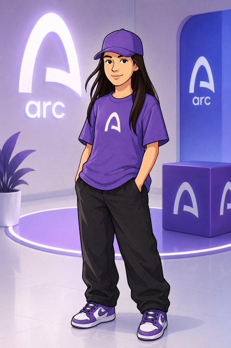 An anime-style character wearing a purple cap, purple "arc" t-shirt, and dark pants stands in front of a neon "arc" logo display.