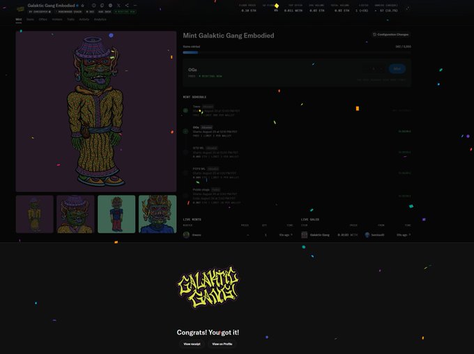 A marketplace interface for a 'Galactic Gang Embodied' NFT on OpenSea, showing a green-skinned character in yellow robes with the 'Galactic Snakes' logo and a 'Congrats! You got it!' message below.