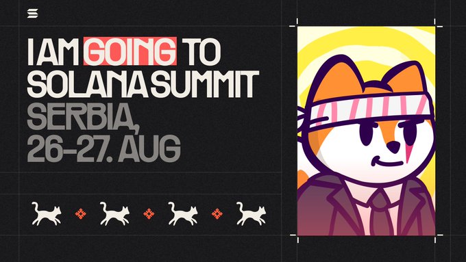 A promotional graphic announcing 'I AM GOING TO SOLANA SUMMIT SERBIA, 26-27 AUG' featuring a cartoon fox wearing sunglasses and a headband.