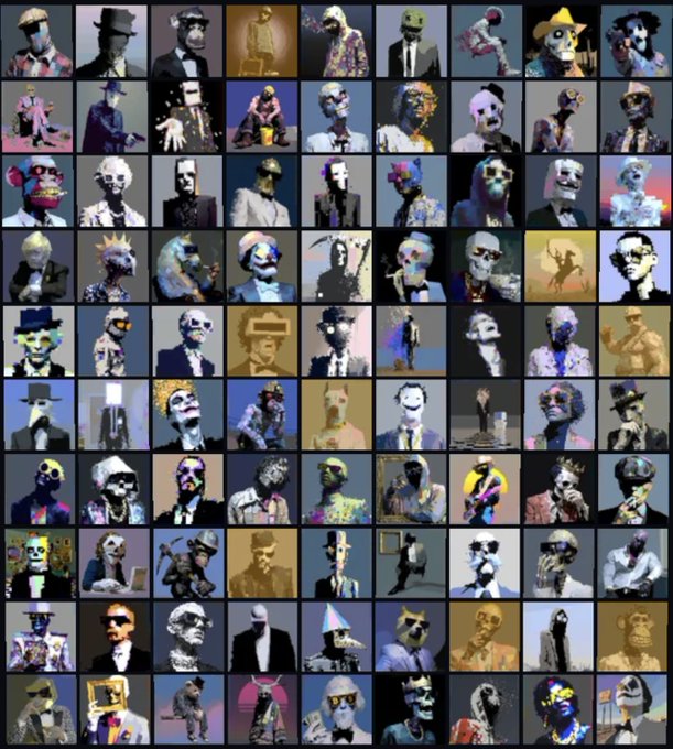 A grid displays numerous NFT-style portraits of skeletal figures, clowns, and eerie characters in suits, typical of generative art collections.