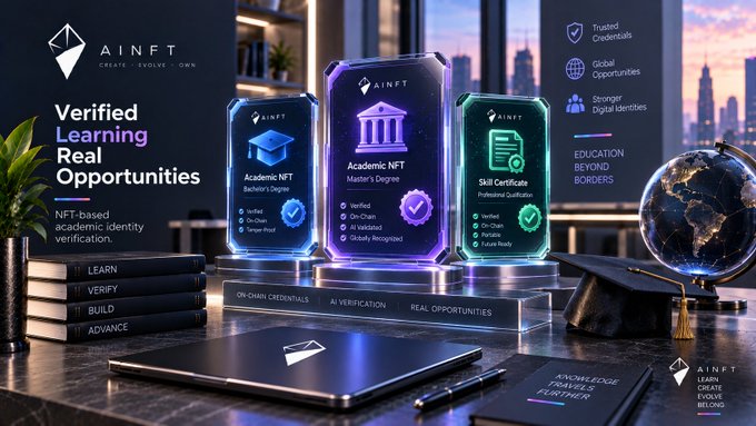 A promotional graphic for "AINFT" showcasing three holographic digital cards labeled "Academic NFT Bachelor's Degree," "Academic NFT Master's Degree," and "Skill Certificate Professional Qualification," with the tagline "Verified Learning Real Opportunities."