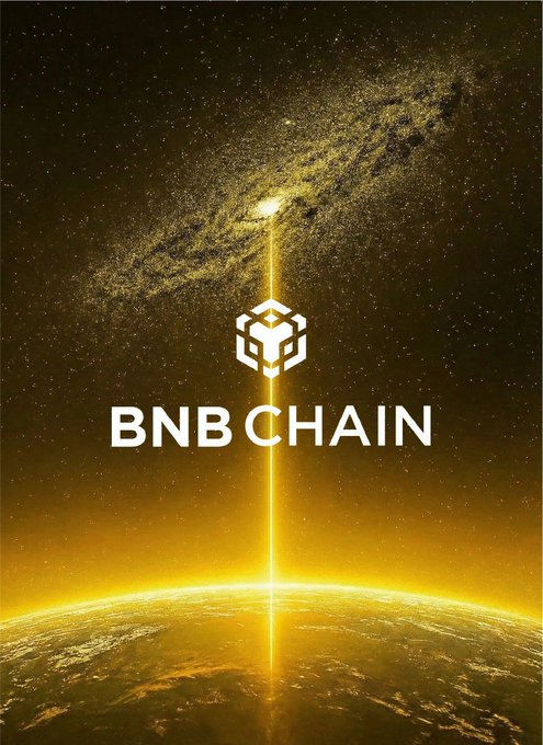 A cosmic scene featuring a glowing beam of light shooting up from Earth into a galaxy, overlaid with the "BNB CHAIN" logo and text. The space imagery visually reinforces the post's question about which BNB Chain coin is poised to "explode" — evoking themes of rockets, launches, and astronomical growth.