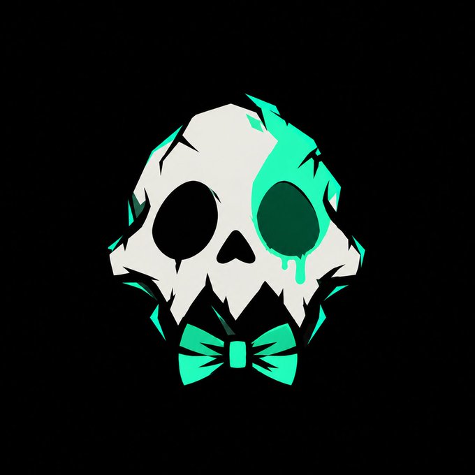 A stylized graphic of a cracked skull with green flame-like energy and a matching green bow tie set against a black background.