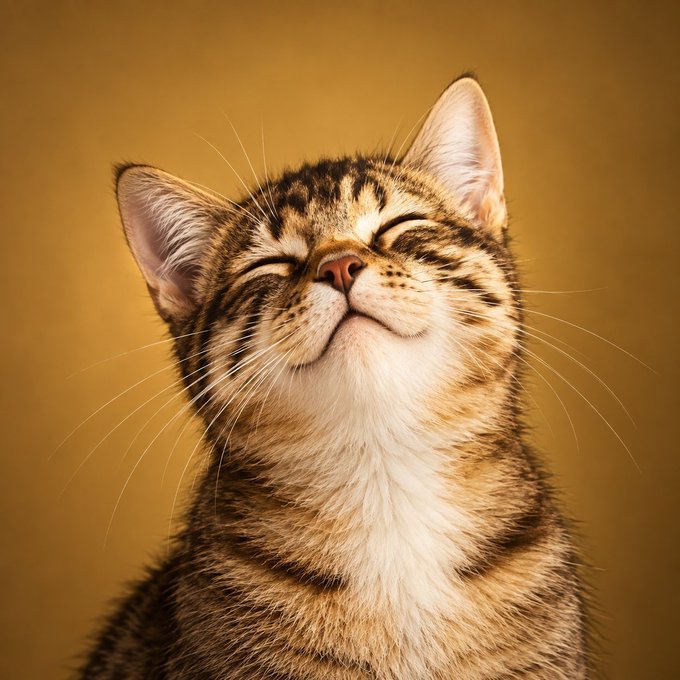 A close-up portrait of a tabby cat with its eyes closed and head tilted upward, appearing to smile contentedly against a warm yellow background.