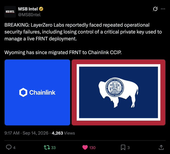 A tweet from @MSBIntel reporting breaking news that LayerZero Labs faced repeated operational security failures including losing control of a critical private key, noting that Wyoming has migrated FRNT to Chainlink CCIP, accompanied by Chainlink and Wyoming state flag logos.