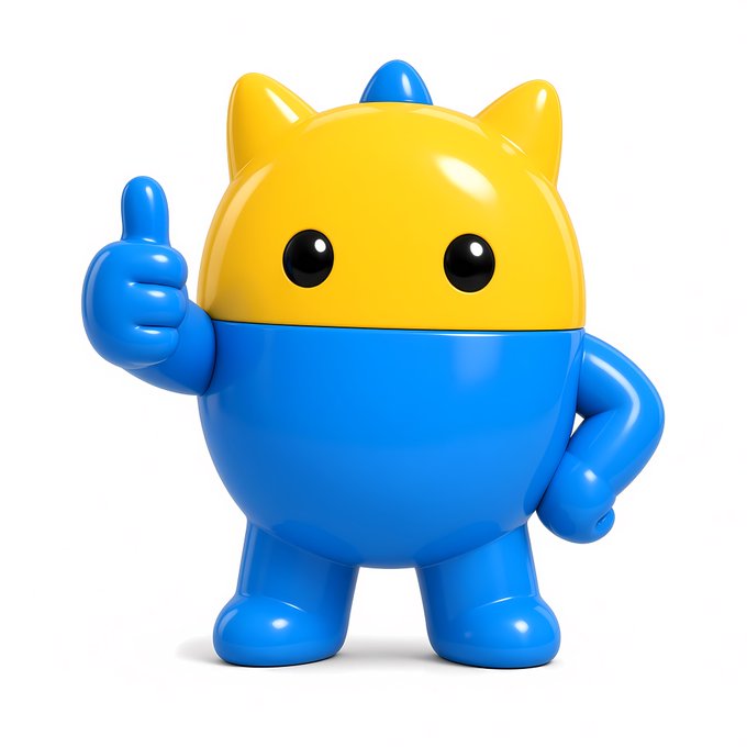 A 3D rendered cartoon character resembling a yellow and blue cat giving a thumbs-up, set against a plain white background.