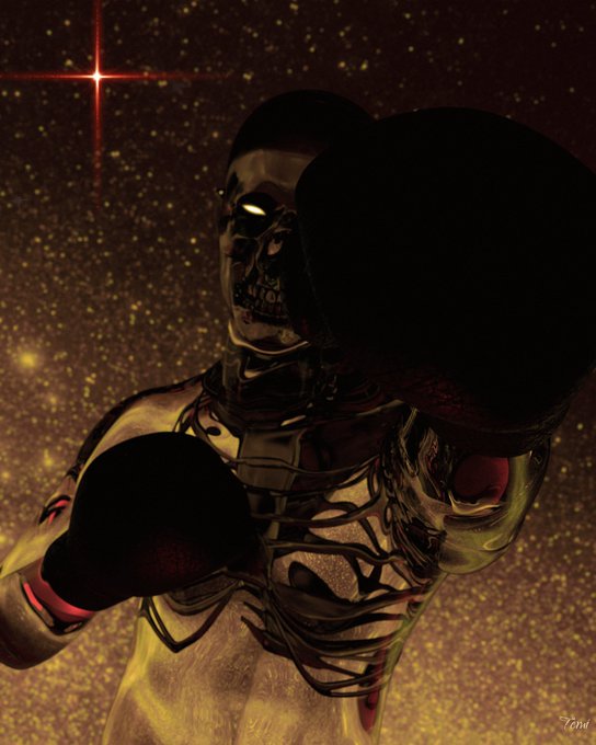 3D rendering of a skeletal, glossy metallic boxer with a skull-like face wearing red and black boxing gloves, posed in a fighting stance against a sparkling golden starry background.