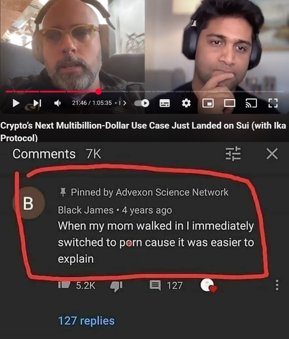 A YouTube video titled 'Crypto's Next Multibillion-Dollar Use Case Just Landed on Sui (with Ika Protocol)' features a highlighted pinned comment by 'Black James' joking about switching to pornography when his mom walked in.