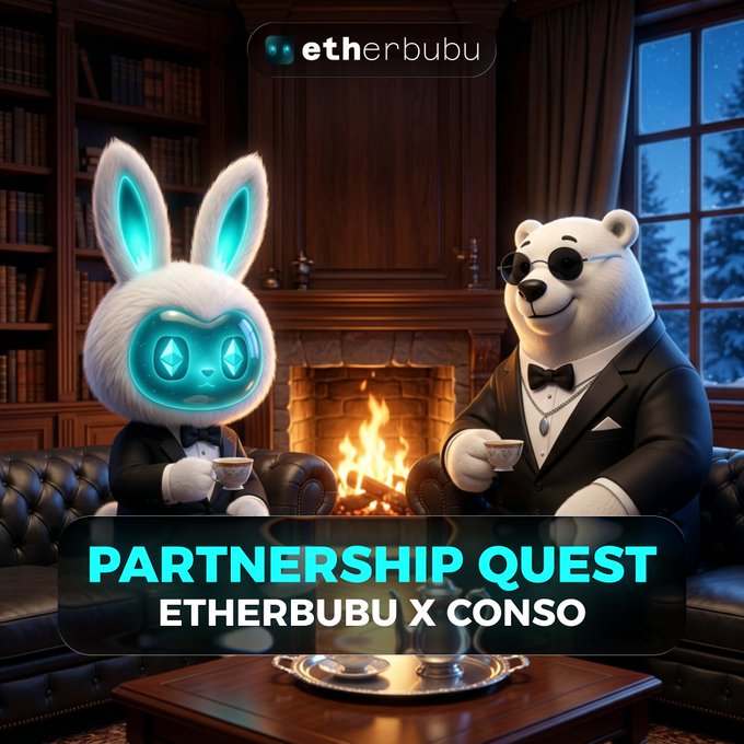 Two anthropomorphic characters—a glowing white rabbit and a polar bear wearing sunglasses—sit in a cozy, wood-paneled library, each holding a teacup beside a fireplace. The image displays the "etherbubu" logo at the top and the text "PARTNERSHIP QUEST — ETHERBUBU X CONSO" at the bottom, visually announcing the collaboration promoted in the post about participating in Conso X Ether Quests.