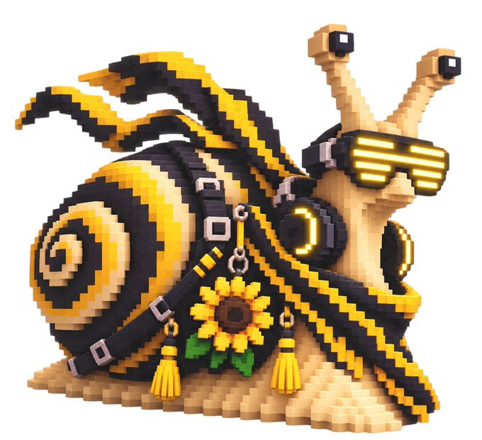 A 3D pixel art/voxel-style snail character wearing yellow and black stripes, featuring glowing yellow shutter shades, antennae, and a decorative sunflower accessory with tassels.