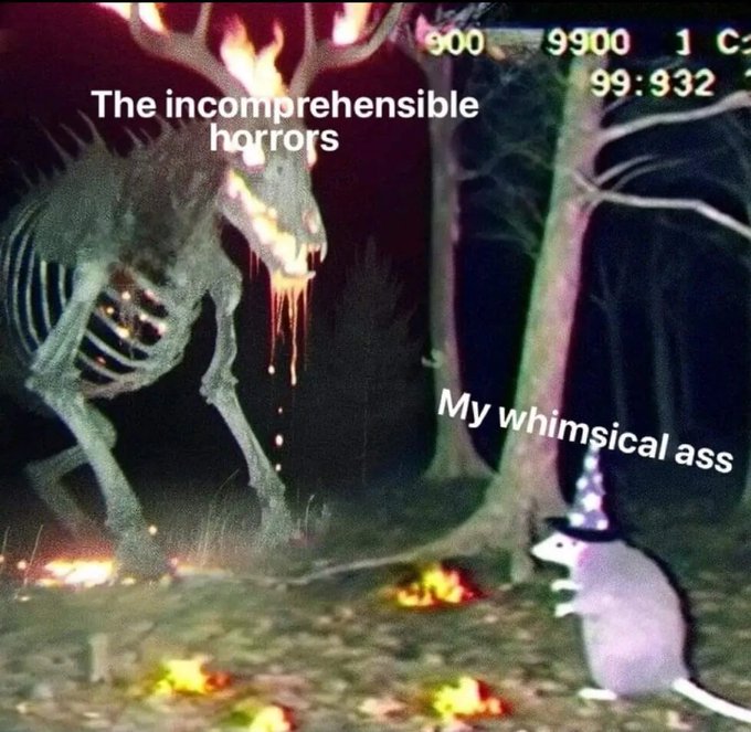 The image shows a skeleton of a deer with flames coming out of its mouth, standing next to a mouse wearing a hat. Below this scene, there's a caption that reads "The incomparable horrors" followed by an image of a skeleton with flames coming out of its mouth and a caption that says "My whimsical ass".