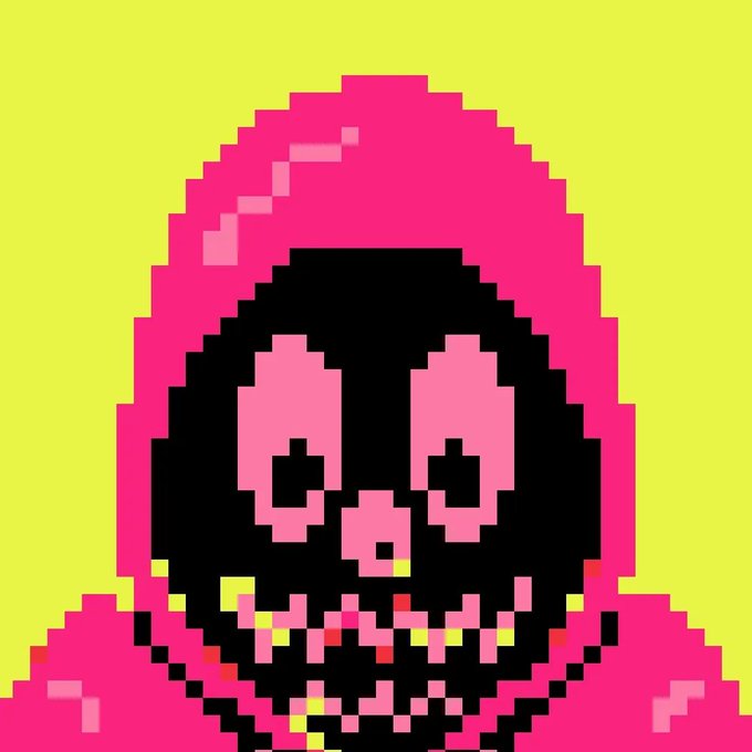 A pixel art illustration of a hooded figure with a black skull-like face and large pink eyes against a yellow background.