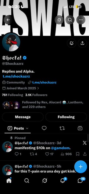 An X profile page for verified user 'Shocca!' (@Shockazrz) displays followers, following counts, and a pinned post manifesting $10K on @gamdom.