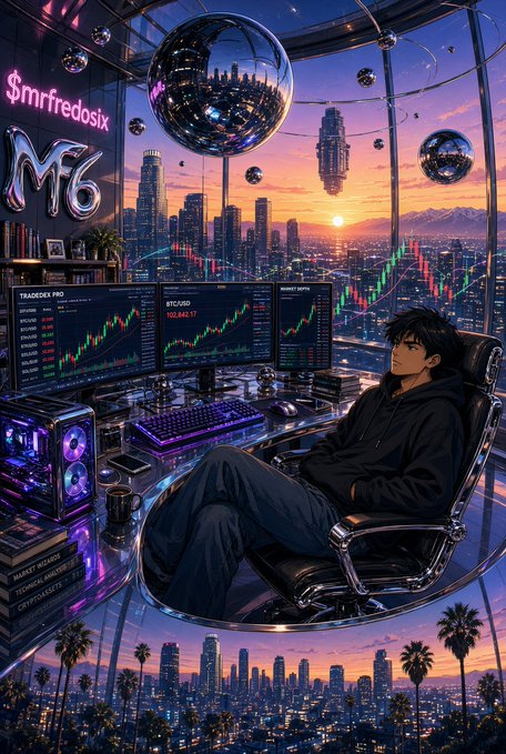 An anime-style illustration of a young man with black hair relaxing in a futuristic cyberpunk trading setup with multiple monitors displaying BTC/USD charts, disco balls, and a city skyline at sunset.