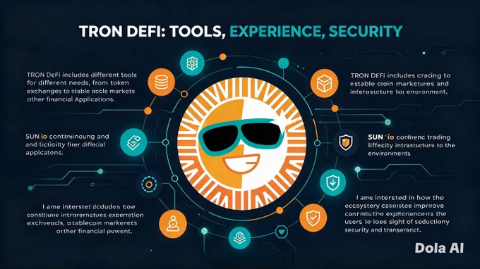 An infographic titled 'TRON DEFI: TOOLS, EXPERIENCE, SECURITY' featuring a central sun character wearing sunglasses, surrounded by icons describing DeFi tools, SUN token, and SUN.io, with 'Dola AI' branding at the bottom right.