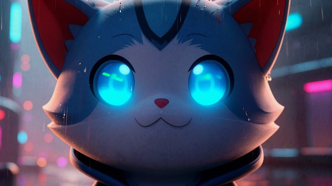 A close-up of an adorable blue robotic cat with glowing cyan eyes, appearing in a rainy, neon-lit cityscape that evokes a cyberpunk atmosphere—perfectly matching the futuristic "Cats takeover" theme for 2026 and 2027.