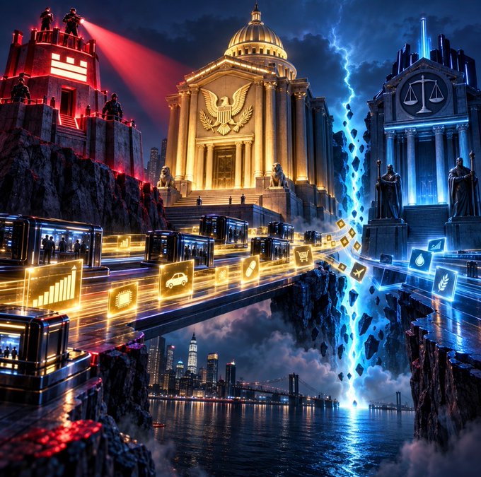 A glowing golden courthouse and a futuristic trading platform with illuminated icons hover above a cityscape split by a crack of blue lightning, symbolizing the regulatory divide. The central eagle-topped building represents SEC authority, while the red-lit fortress and blue-lit scale-bearing structure evoke rival oversight bodies battling over jurisdiction in the equity-linked products market.