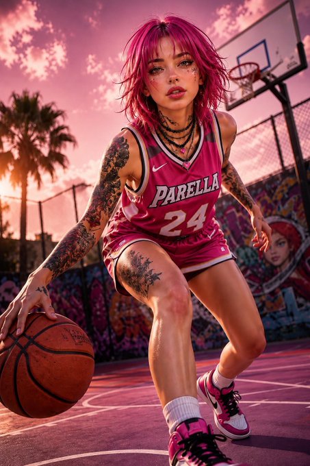 A pink-haired athlete in a "Parella 24" jersey dribbles a basketball on an outdoor court at sunset, matching the caption's hype with an energetic "gm frens...let's get itttt!!!" vibe ready to start the day.